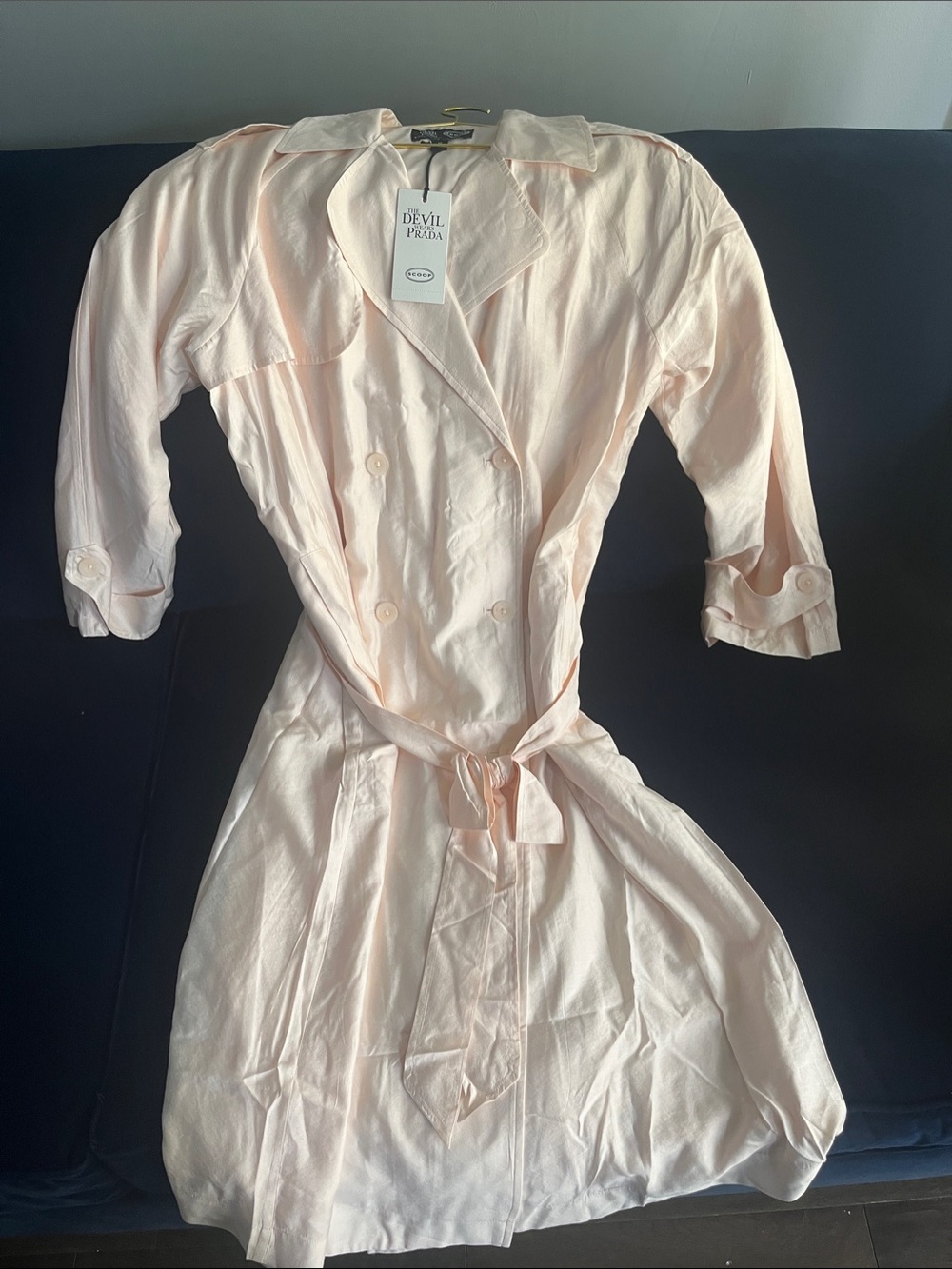 Light Blush Double-Breasted Trench Coat with Self Tie Belt